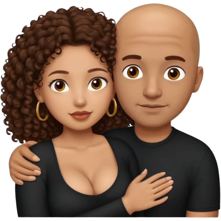 A mixed girl with small eyes, the girl is wearing a black shirt, the girl has brown curly hair and the girl has big boobs. A Mexican man is embracing her, with bald hair and clean shaven emoji