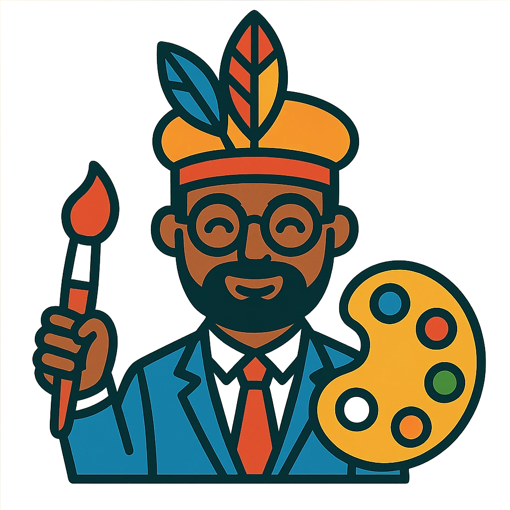 a chief of creative character, professional yet imaginative, with artistic elements like a paintbrush and palette, vibrant toon style emoji