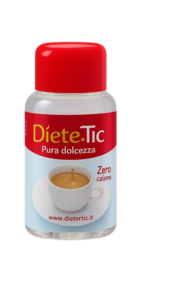 BOCCETTA DI DOLCIFICANTE LIQUIDO CON LA SCRITTA "DIETE-TIC" SULL'ETICHETTA FLUTTUA IN ARIA emoji