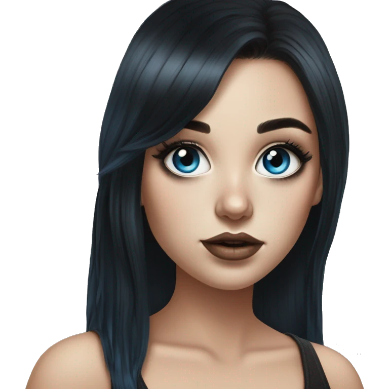Hyperrealistic drawing white girl blue eyes and long black hair with rainbow fringe. Wearing black crop top and has dark eye makeup on her eyes emoji