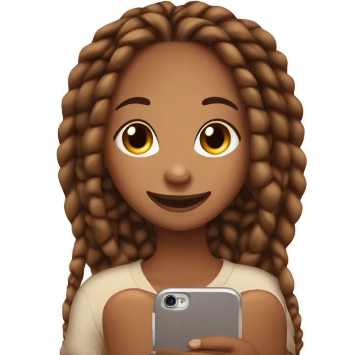 Caramel Colored Girl with dark brown Box braids looking at phone and giggling and blushing emoji