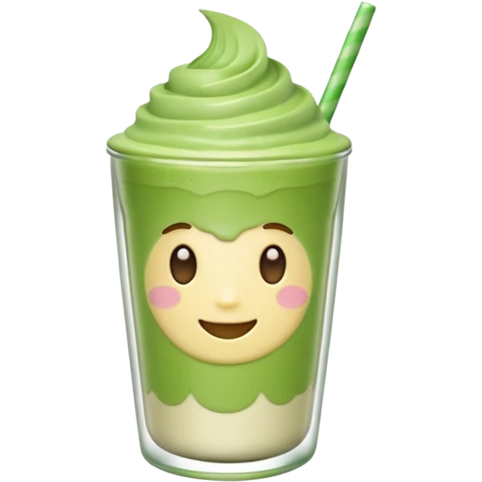 Emoji glossy 3D de un vaso de matcha latte, vaso de vidrio transparente con matcha espumoso verde pastel, capas suaves de leche y matcha, brillo intenso tipo sticker, sombras delicadas, fondo transparente, estilo cute moderno, alta calidad emoji