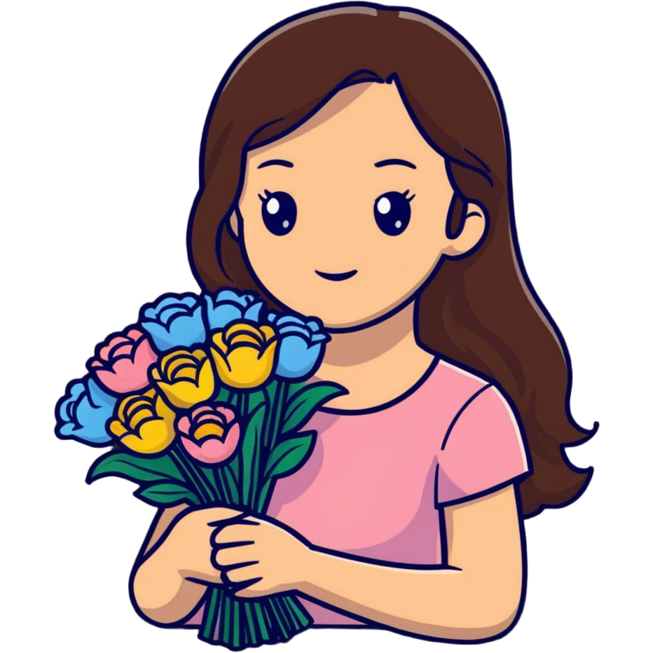 A cool girl with long brown hair and fair skin holding a bouquet of flowers emoji