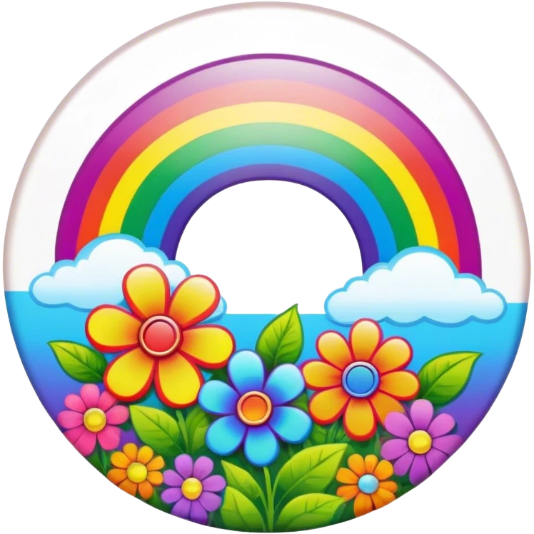 A round psychedelic colored button with a bezeled rainbow and colored hippie style flowers emoji