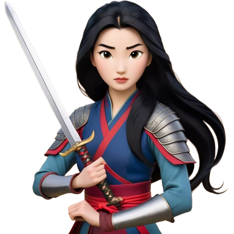 Cinematic Realistic Mulan Portrait, depicted with lifelike skin texture, soft natural lighting, and intricately detailed long black hair styled elegantly. Her deep, expressive eyes exude determination and grace, complemented by a serene yet confident expression. She stands with one hand resting on the hilt of her sword, the other by her side, exuding strength and poise. She is dressed in her classic attire, with rich fabric textures and delicate folds that catch the light beautifully. The portrait features a soft, enchanting glow with a natural, radiant finish, capturing the essence of timeless strength and beauty in a realistic and painterly style, evoking a sense of depth and authenticity. emoji