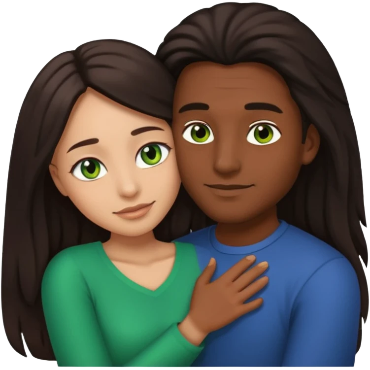 black man with brown eyes hugging a woman with long dark hair, green eyes, and light skin, emoji style emoji