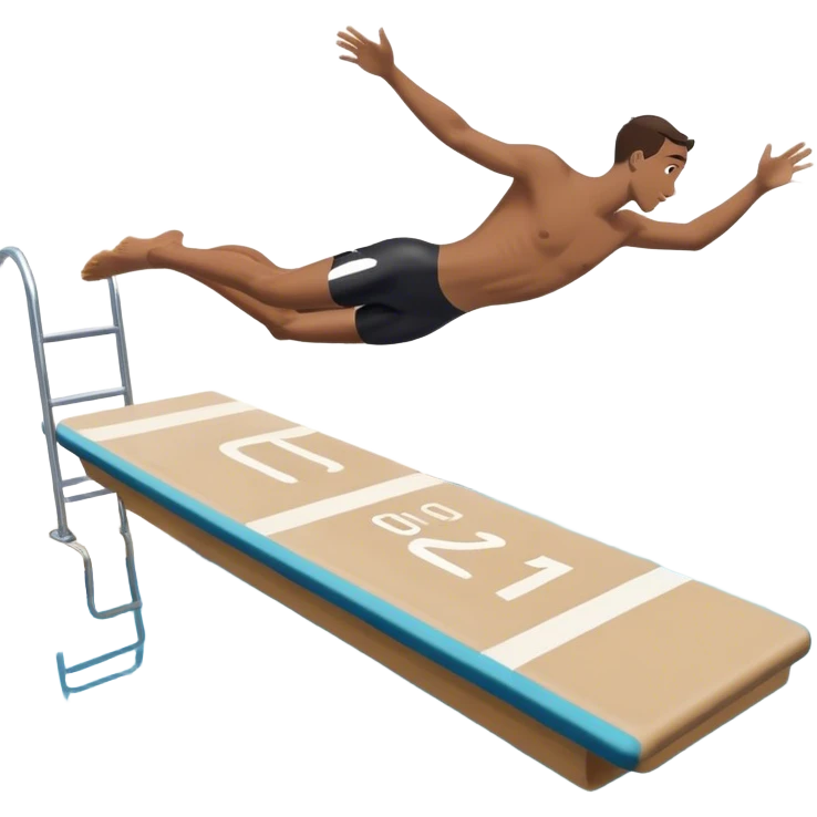 A diver mid-air after jumping off a head diving pool,  Below him, a pool labeled "Confidence". A subtle 5-4-3-2-1 on the diving board shows they took the leap despite fear. emoji