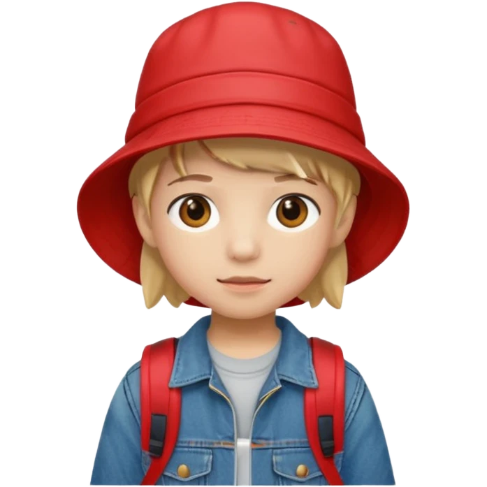 A little student with red bucket hat, jean jacket, backpack emoji