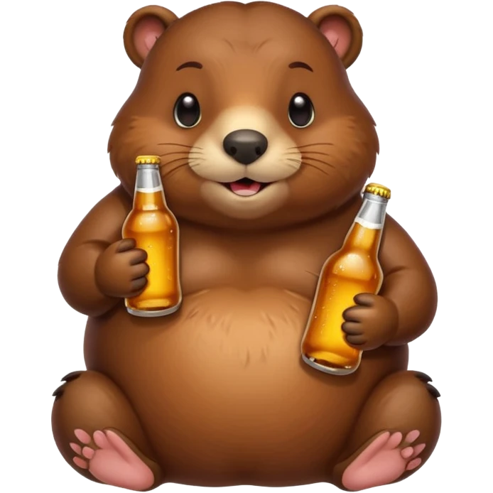 A chubby beaver hugging a beer bottle with both paws emoji