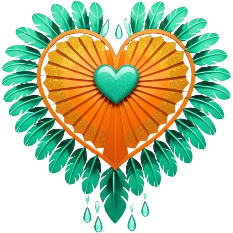 orange glittery heart, shattered in pieces  with mint green water dripping down and art deco feathered fans on the edges  emoji