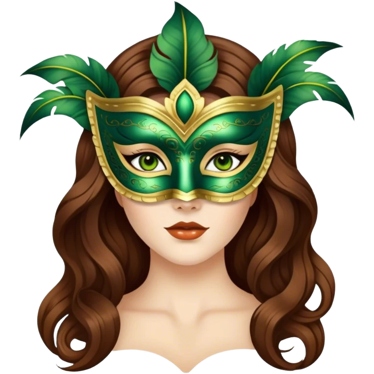 Greeneyed Woman with Long Brown hair venetian mask emoji