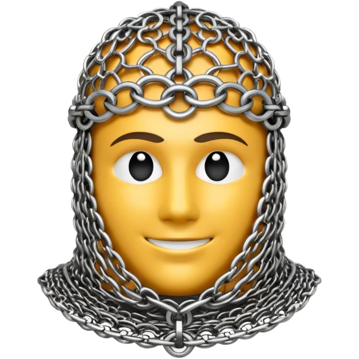 3D render of Medieval Coif, made of interlocking chainmail metal rings, wire mesh texture, visible holes and negative space, metallic silver and grey, high contrast shadows, Apple emoji style, isolated on white background --v 6.0 emoji