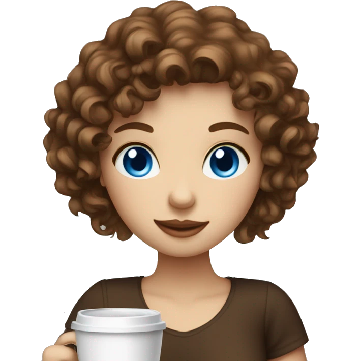 girl with fair skin brown curly hair and blue eyes drinking a coffee emoji