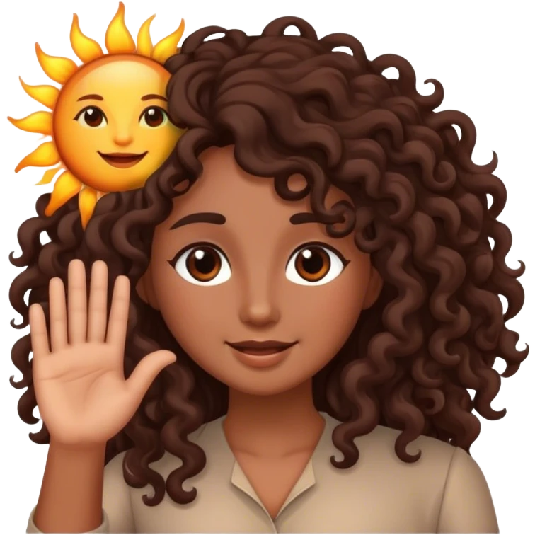 Brown woman with dark brown long curly hair saying good morning with the sun emoji