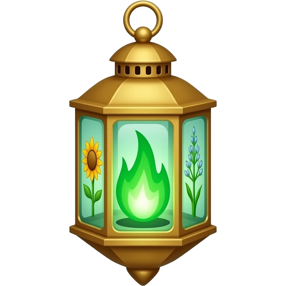 A golden hanging lantern with a bright emerald flames, an empty loop on top, sunflower & asphodel themed, but simple focus more on the green flames, paint the glass more green, have its bottom point come to some sort of point emoji