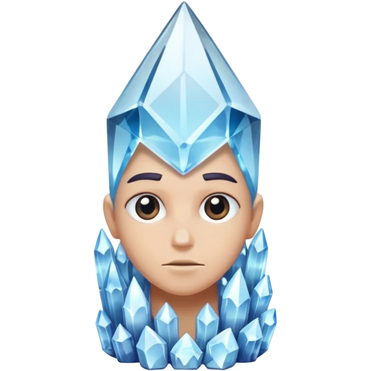A single crystal character inspired by a clear quartz cluster, chunky base with many tall transparent crystal spikes growing upward all around it with a face emoji