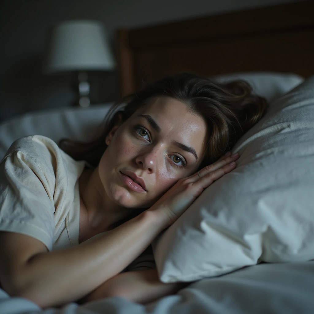 Donna sdraiata sul letto, viso estremamente stanco con occhiaie profonde, pelle pallida, sguardo perso e spento, espressione esausta, postura abbandonata, stile iperrealistico, dettagli realistici, qualità 4K, ambiente domestico emoji