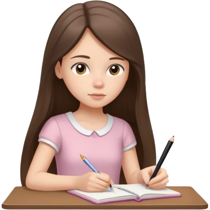 white brunette teen long hair with hazel eyes in a light pink dress writing in a notebook emoji