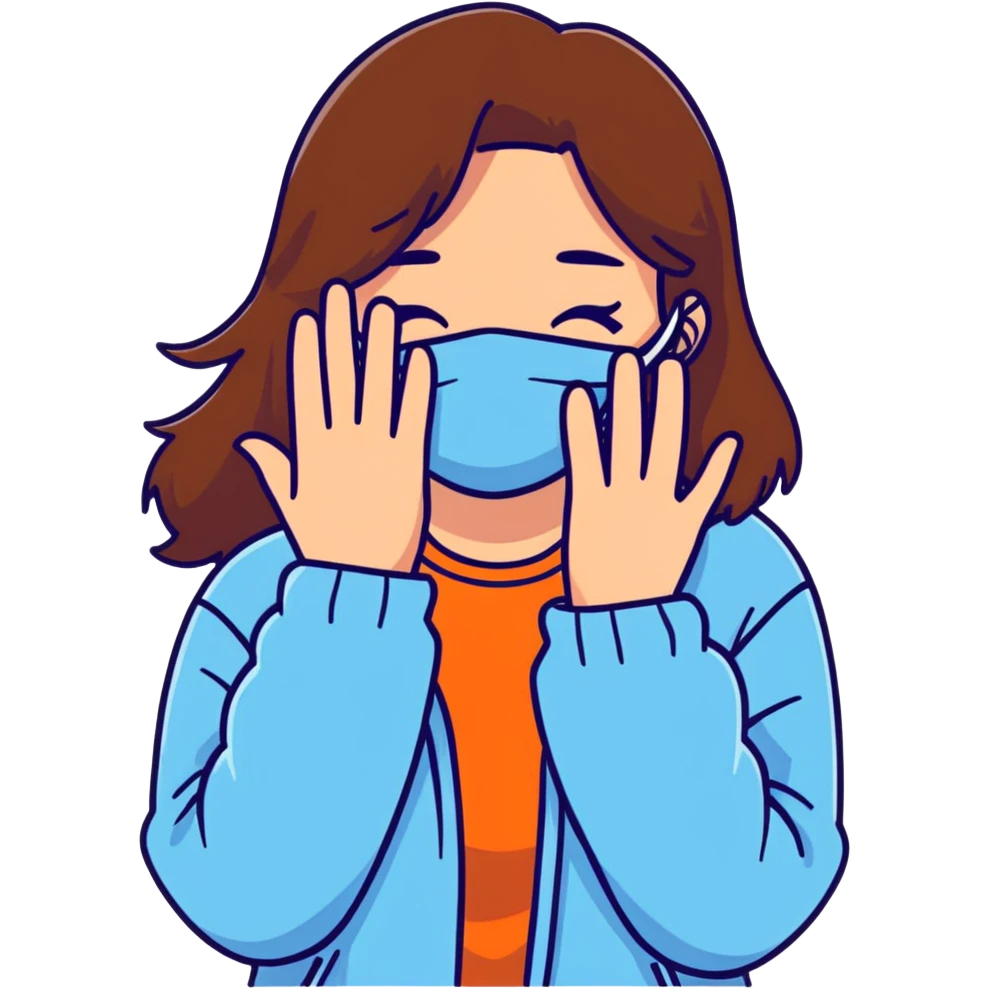 brunette girl with brown hair wearing pastel blue clothes covering her face with her hand emoji