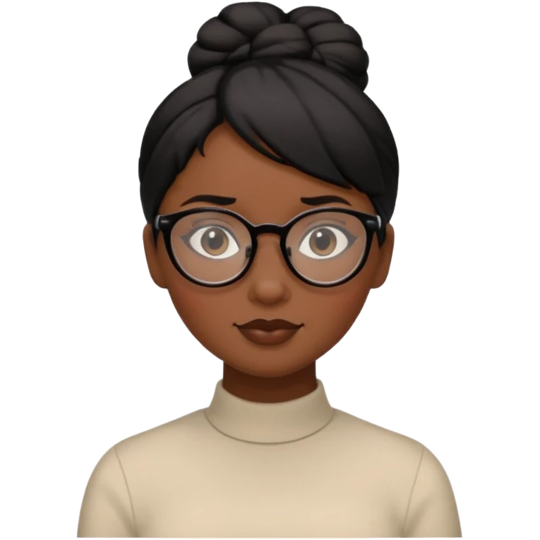 A woman with dark skin, black hair in a neat bun, black glasses, and an oval face with soft features. emoji