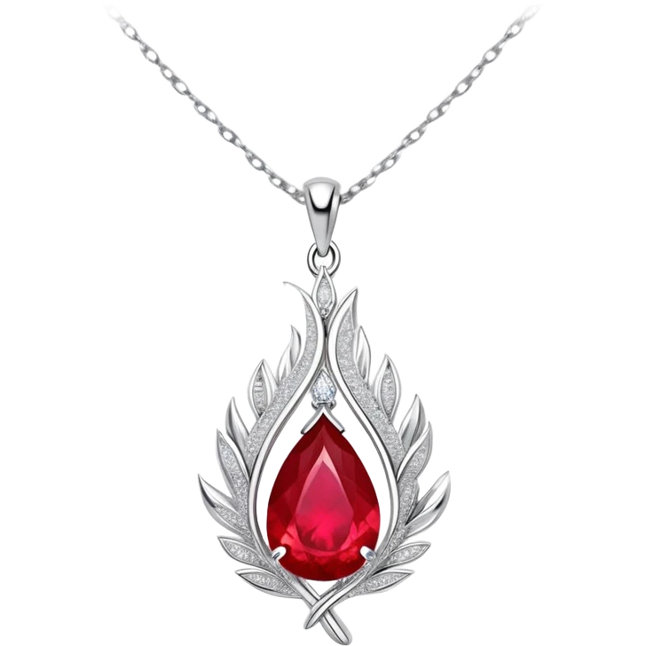 teardrop ruby pendant with fiery light, tiny phoenix feather, shimmering white stones, silver chain, ethereal and powerful rebirth theme emoji