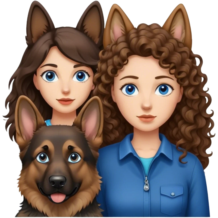 Woman mit Curly Long brown hair und helles Haut mit blaue Augen dazu der Deutscher Schäferhund  emoji