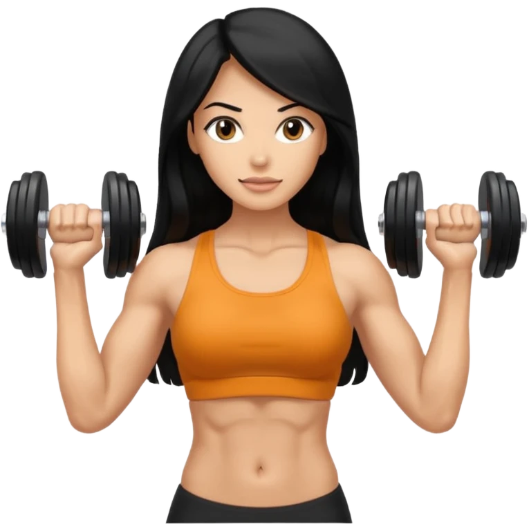 mujer fit con pelo negro largo y sosteniendo 2 mancuernas emoji