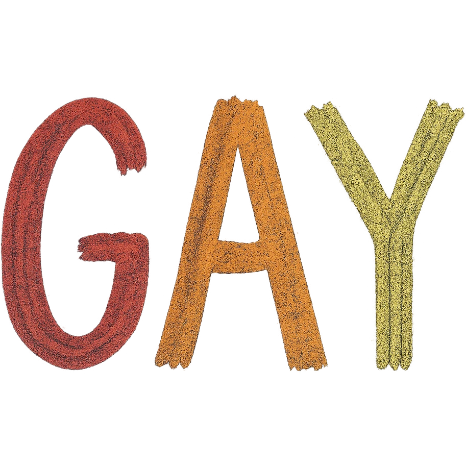 the word GAY in a chalkboard style with rainbow chalk emoji
