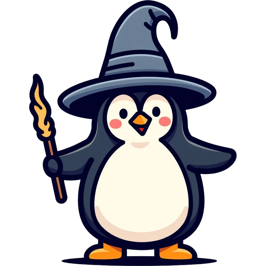 penguin wizard with magic wand and wizard hat emoji