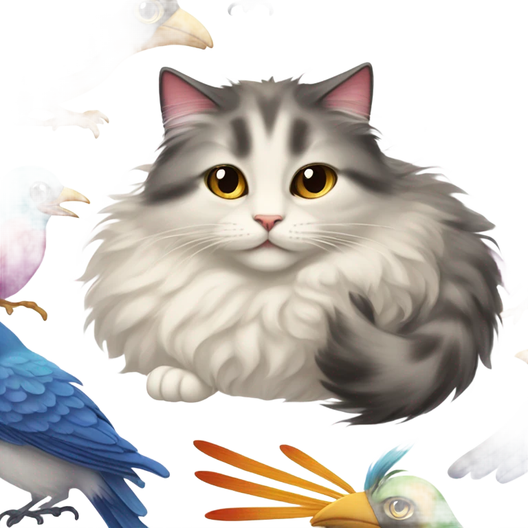Cat cuddling with birds emoji