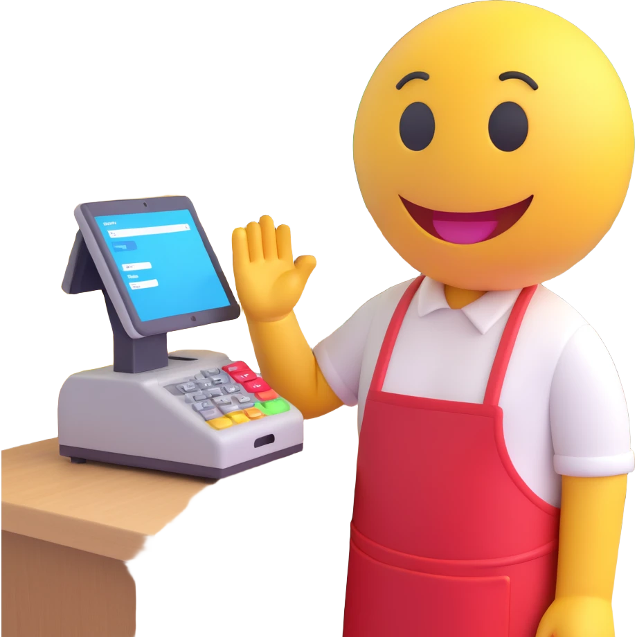 3D smiley emoji, round shape, wearing a store clerk apron, next to a cash register or shopping basket, with a funny and kind facial expression, transparent background emoji