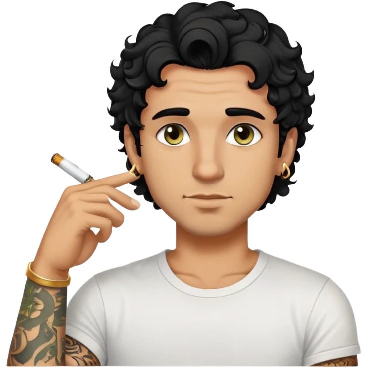 Italian guy with tanned skin, curly black hair, short bob, with stubble, olive-colored eyes, with a gold ring earring in his left ear, wearing a white T-shirt, with a black tattoo on his forearm, smoking a cigarette. emoji