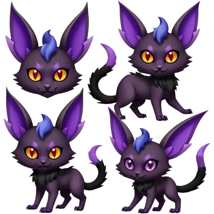 Black edgy Noivern-Noibat-Purloin-Torracat-Lykoi-Caracal-cat-Fakemon-fusion-hybrid-creature with bat wings on head as ears, big fangs, gothic markings emoji