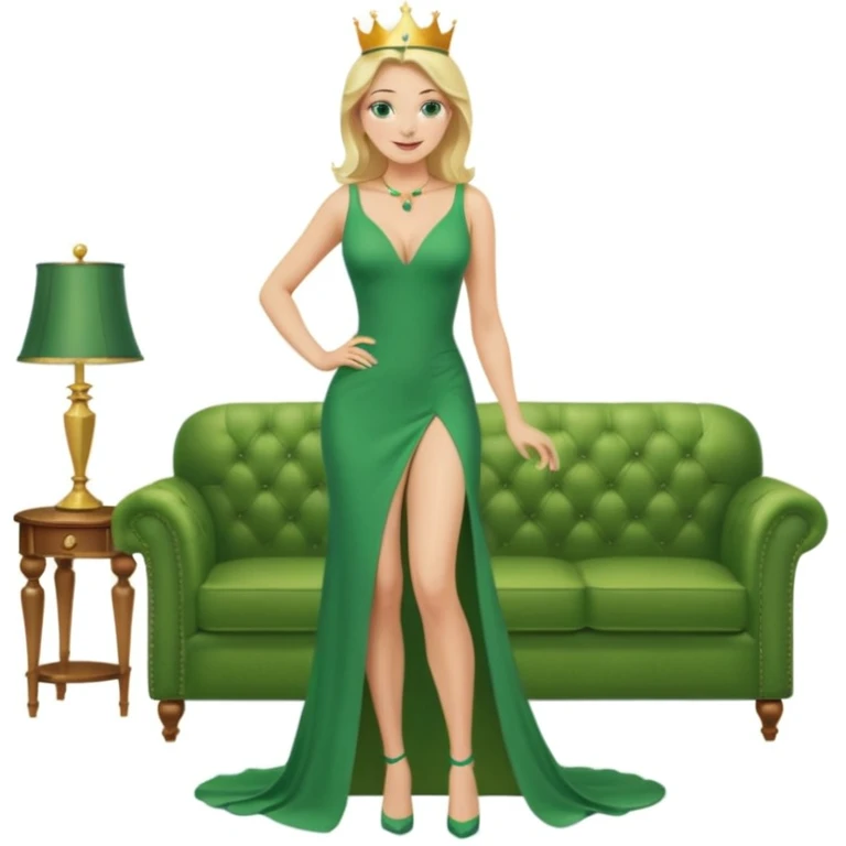 Queen, crown, blonde hair, green eyes, long green tight dress, decoltee,  Leg slit, whole Body, Background living room  emoji
