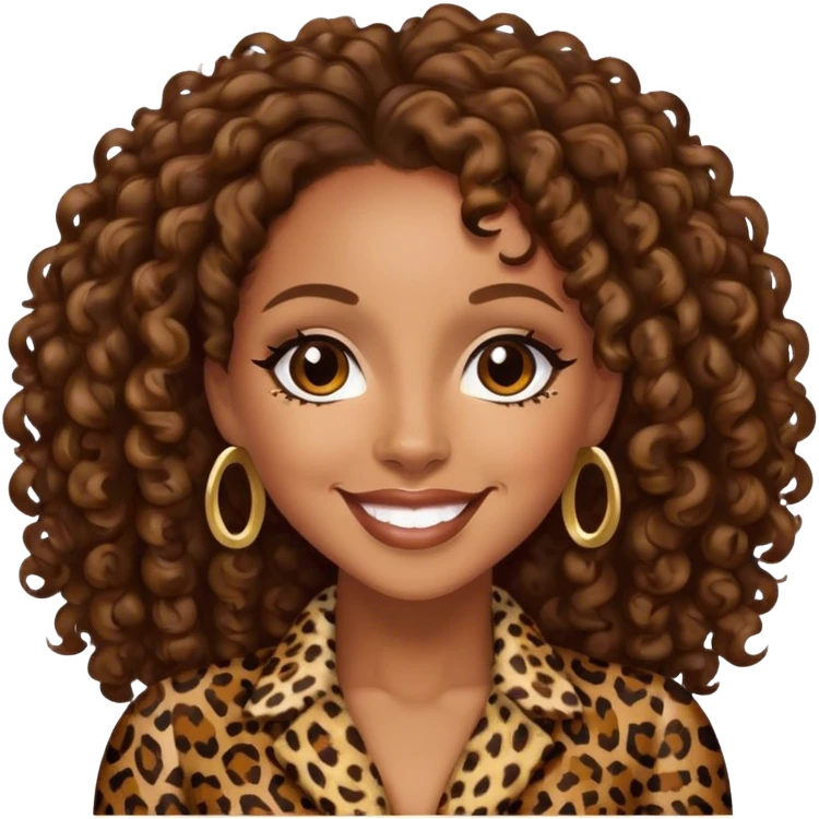 Melanie Brown with brown curls wearing leopard print and smiling emoji