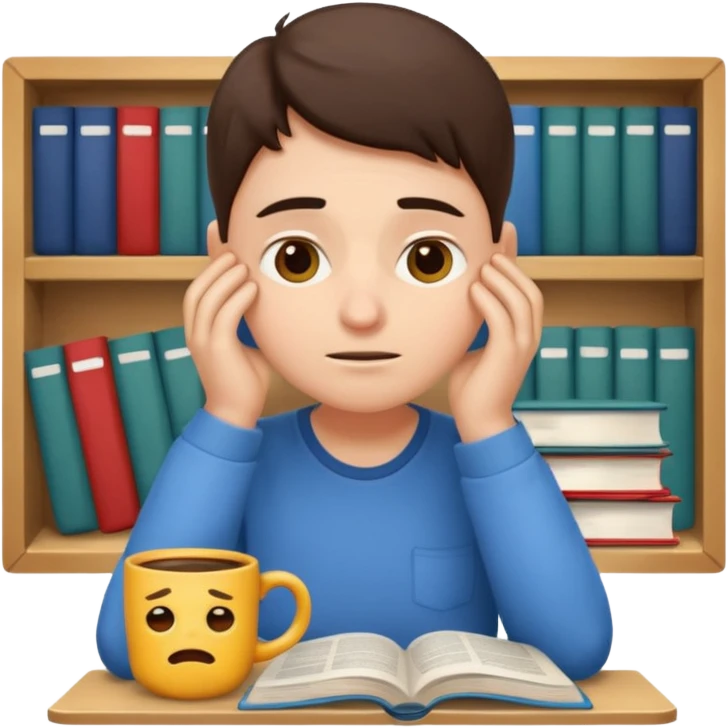 emoji student stressed with books and coffee, exam, tired, white background emoji