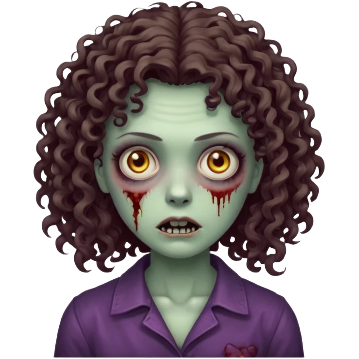 Faça uma mulher zumbi com o cabelo cacheado médio, e uma franja cacheada emoji