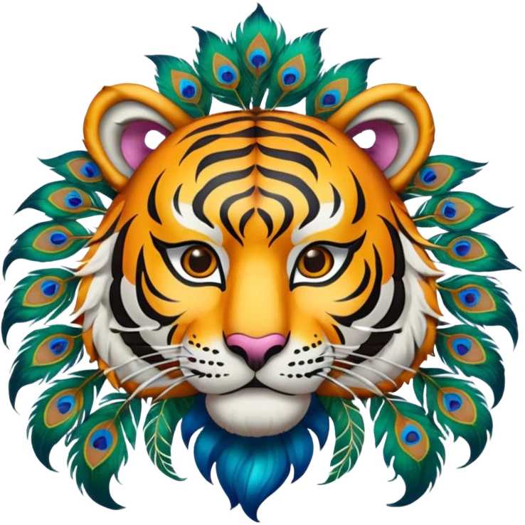 Create an animation emoji of the Ponorogo Reyog from East Java, namely the tiger mask with the peacock dance, which is a typical Ponorogo dance. Above and behind the tiger's head is a peacock's head spreading its tail.  emoji