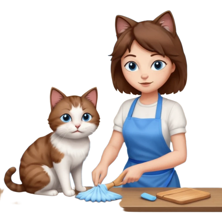 Cat cleaning with her mom in the kitchen they both have blue eyes and brown hair  emoji