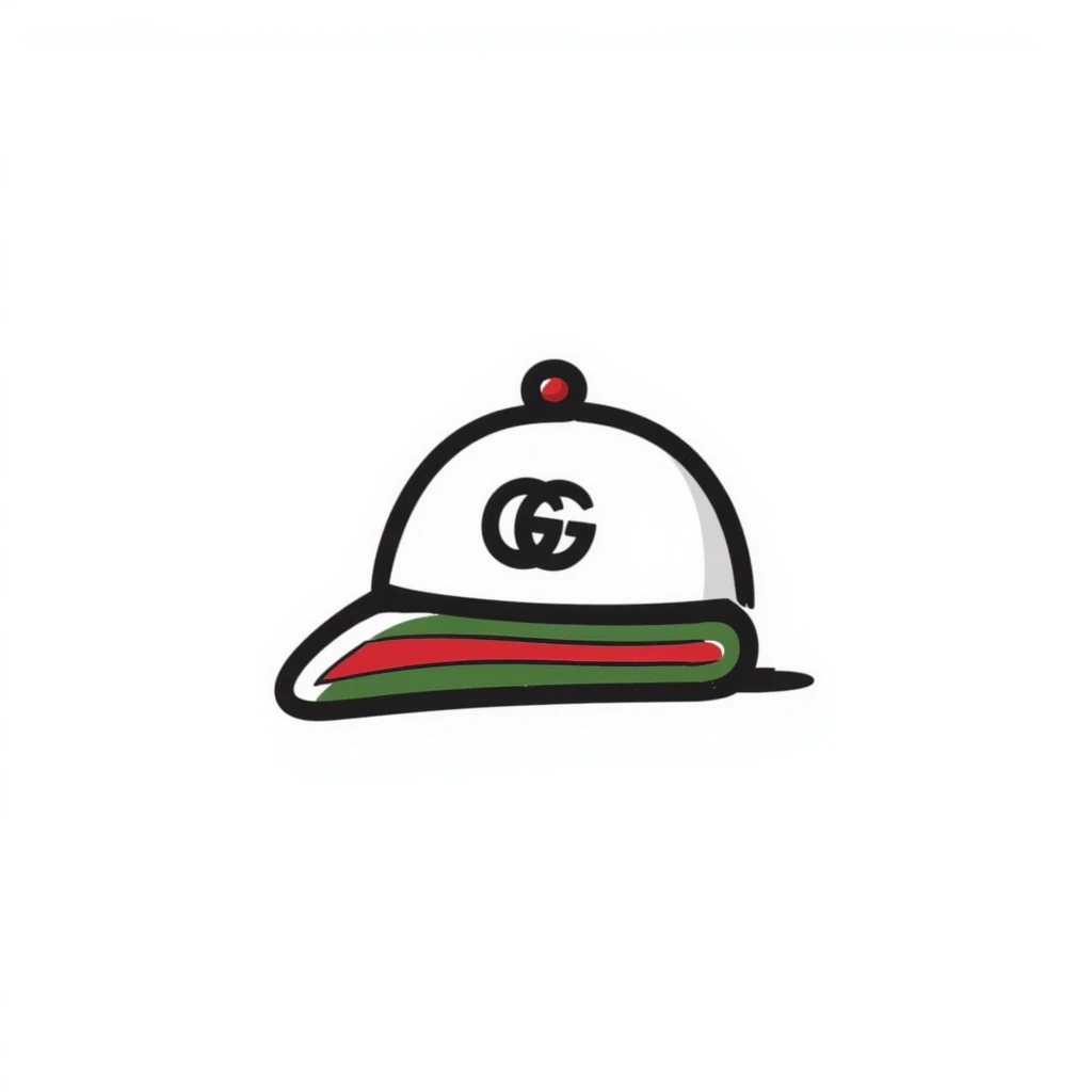 hand-drawn doodle of a Gucci cap with signature green and red stripes and logo emoji