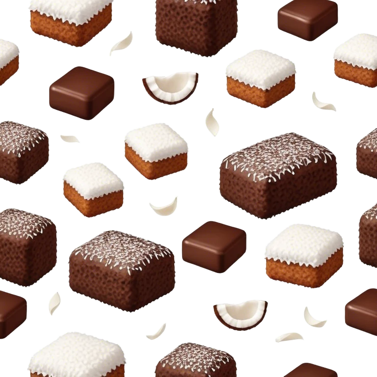 cinematic-realistic-lamingtons-dessert-emoji,-depicted-as-soft-sponge-squares-coated-in-chocolate-on all sides with coconut sprinkled on all side-rendered-with-mouth‚watering-detail-and-vibrant-lighting emoji