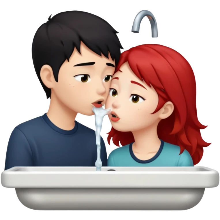 asian black haired boy kisses redhead girlfriend by broken sink emoji