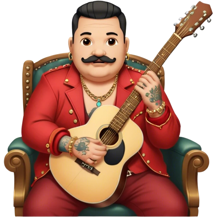 Icon for Chanson: Old fat chanson singer with tattoos, small moustache, red jacket, gold chains and braslettes, sitting on a chair with an acoustic guitar and standing microphone. No earrings. The atmosphere should reflect a nostalgic, soulful vibe with vintage elements. Transparent background. emoji