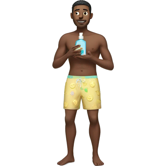 guy holding perfume in swimming trunks emoji