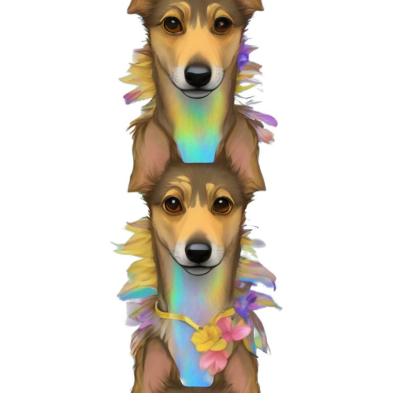  brindle brown black maroon striped lurcher Alsatian fox running blue eyes and iridescent holographic oilslick harness wearing paper iridescent tropical flower crown yellow caution tape emoji
