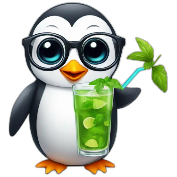 baby penguin with big glasses drinking mojito emoji