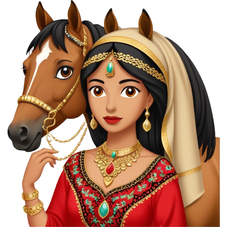A woman in a Arab black and red embroidered dress poses beside a horse, wearing gold necklace  emoji