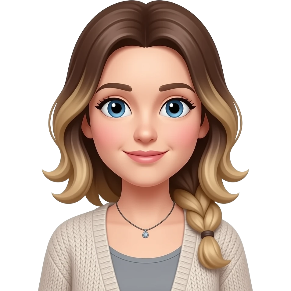 pink cheeks, smaller Blue eyes, light skin, longer brown/blond balage hair pony tail 38 aged women, cardigan, grey top,small necklace emoji