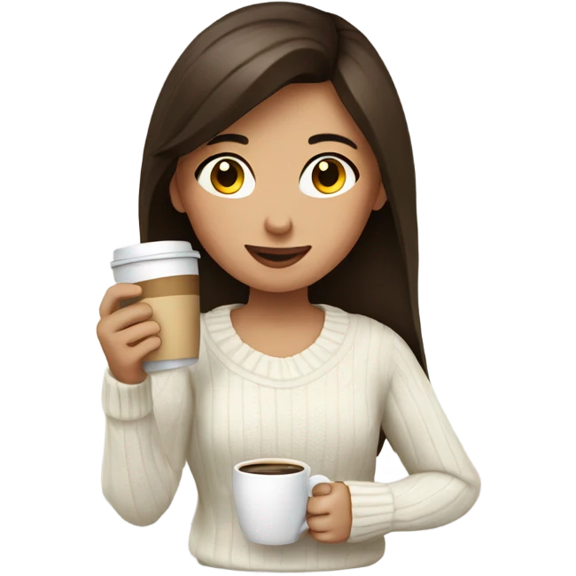 Brunette girl with white sweater drinking coffee emoji