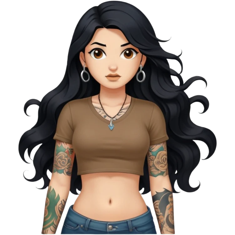 A girl with fair skin, long black hair with big waves, tattoos on her arms, wearing a brown navel-revealing short-sleeved shirt, and a navel piercing emoji